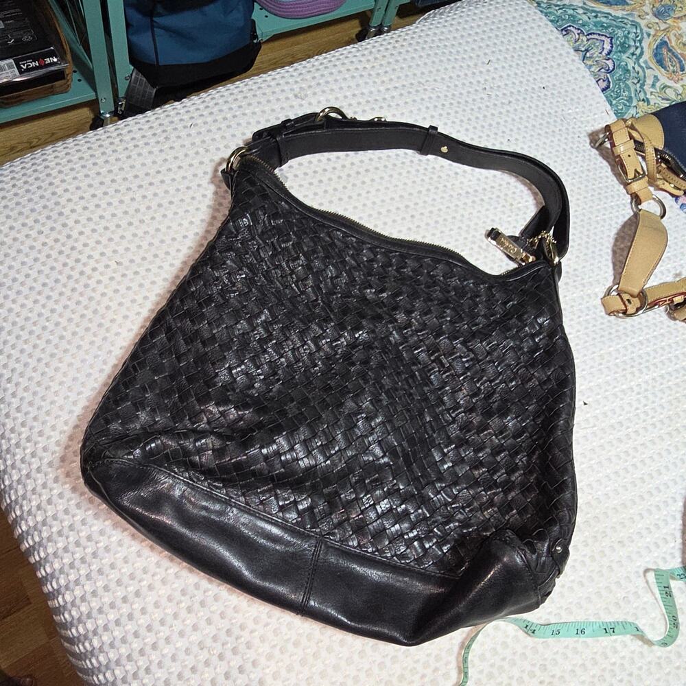 COLE HAAN XL BLACK LEATHER WOVEN HOBO BAG